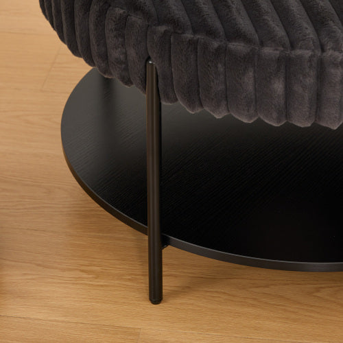 30.9 Inch Charcoal Faux Fur Round Ottoman, Open Storage Shelf Footstool with Black Metal Legs, Supports 275 Lbs