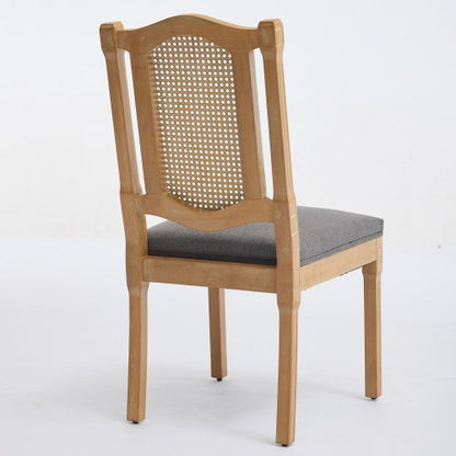 Set of 2 Gray All-Solid Wood Rattan Back Dining Chairs, S-Spring Matte Linen Cushion Rustic Caf¨¦ Side Chairs