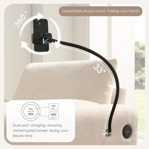 37 inch  Chenille Single Sofa Chair, Storage Ottoman, Dual Charging Ports, Phone Holder