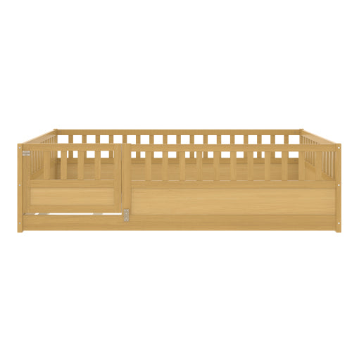 Full Size Floor bed, integral construction with super high security barrier, door, children's floor bed frame, Montessori wooden children's floor bed, Support  slat Natural Wood