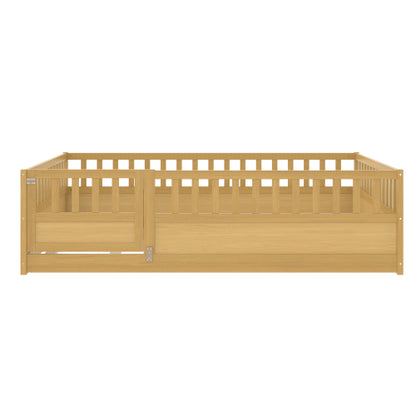 Full Size Floor bed, integral construction with super high security barrier, door, children's floor bed frame, Montessori wooden children's floor bed, Support  slat Natural Wood