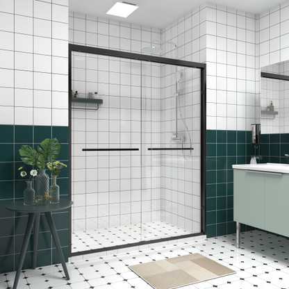 56-60"x74" Aluminum Frame Double Sliding Shower Door,Bypass Bathroom Sliding Door with Premium 1/4" (6mm) Clear Tempered Glass, Black Hardware Sliding Glass Shower Enclosure,Matte Black Finished