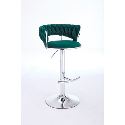 Set of 2 Bar Stools,with Chrome Footrest and Base Swivel Height Adjustable Mechanical Lifting Velvet + Chrome  Leg Simple Bar Stool-GREEN
