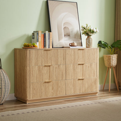 6 Drawers Dresser,55" Wide Modern Chest of Drawers Curved wave Design, Dresser TV Stand, Wood Drawer Organizer for Bedroom, Living Room, Hallway, Walnut,55.12''W x 15.75''D x 31.5''H.