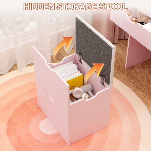 3-in-1 Multifunctional Vanity Desk Set, Flip-Up Mirror, 3-Color Lights, 2 Drawers, Hidden Storage Stool, White