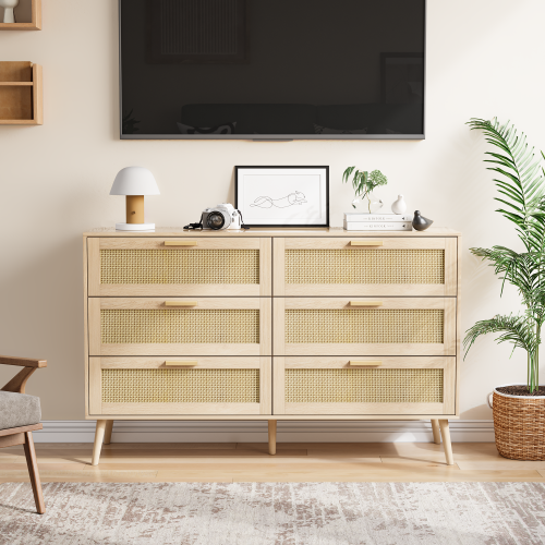 6 Drawers Chest of Dressers for Bedroom, Modern 6 Drawer Dresser, Wide Chest of Drawers with wood Handles, Rattan Dresser Storage Cabinet for Living Room, Bedroom, Hallway