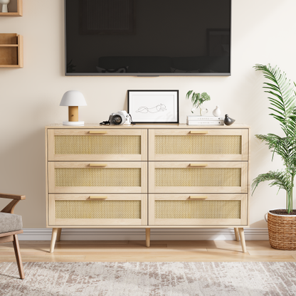 6 Drawers Chest of Dressers for Bedroom, Modern 6 Drawer Dresser, Wide Chest of Drawers with wood Handles, Rattan Dresser Storage Cabinet for Living Room, Bedroom, Hallway