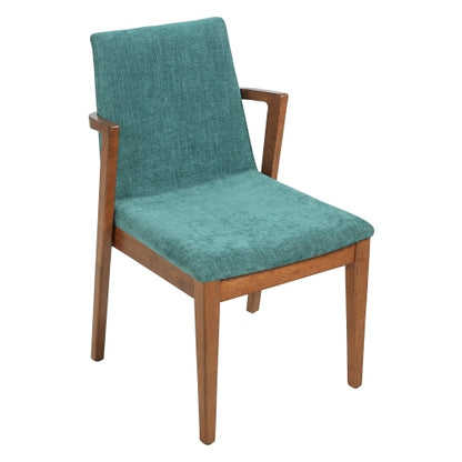 Set of 2 Mid-Century Green Fabric Arm Dining Chairs, Walnut Rubber Wood Frame 250lbs Capacity