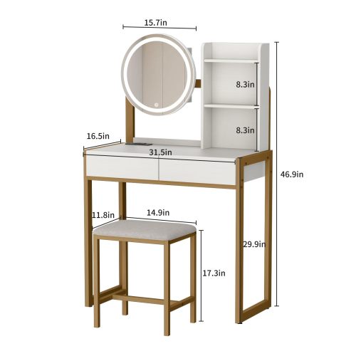 White & Gold Small Vanity Desk with LED Mirror, 3 Lighting Modes, Power Outlet, Drawer, Open Shelves & Cushioned Stool