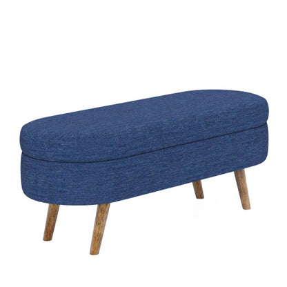 Blue Oval Linen Storage Ottoman Bench with Rubber Wood Legs, Upholstered Footrest 43.5 inch x16 inch x16 inch, 250 LBS Capacity