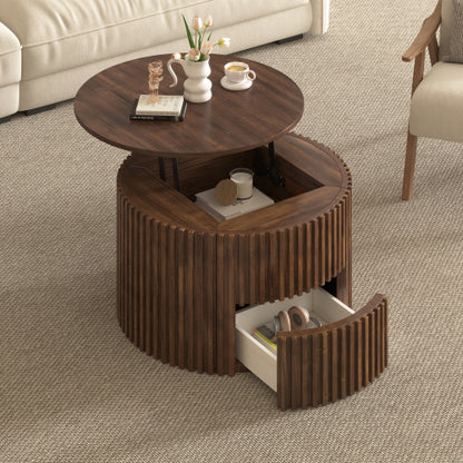 Round Lift Top Fluted Coffee Table, Solid Wood & MDF Accent Table with Hidden Storage Drawer
