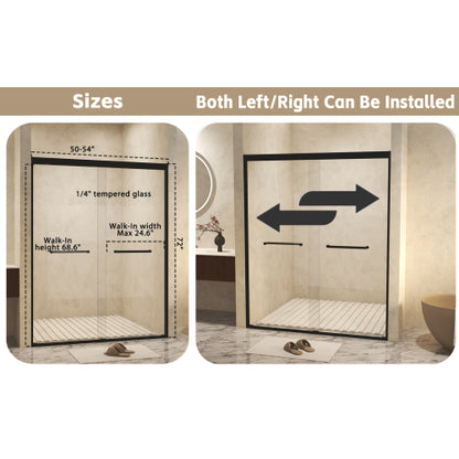 50-54" W × 72" H Tempered Glass with Explosion Proof Film, Aluminum Frame Double Sliding Shower Door, "1/4 (6 mm), Stainless Steel handle, Matte Black