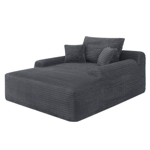 Grey Convertible Striped-Corduroy Boneless Chaise Lounge Sleeper Sofa-Bed Wide Armrest & Throw Pillows No-Assembly