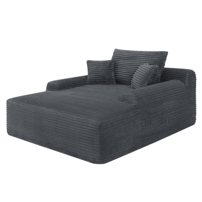 Grey Convertible Striped-Corduroy Boneless Chaise Lounge Sleeper Sofa-Bed Wide Armrest & Throw Pillows No-Assembly