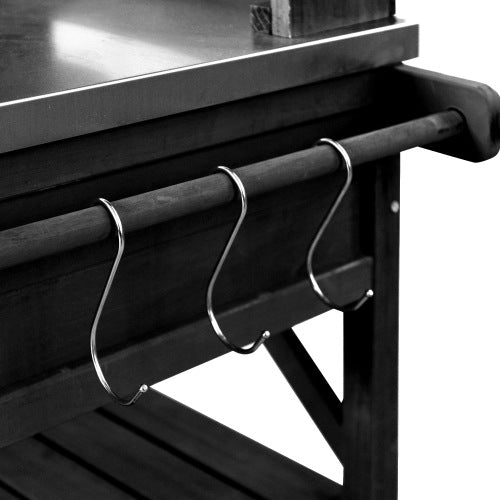 K&K 64.9"H Outdoor Potting Bench Table with Lockable Wheels, Solid Wood Outdoor Kitchen Island with Upper Hutch, Stainless Steel Top, Towel Rack ,Outdoor Storage for Grilling, Lawn Garden -Black