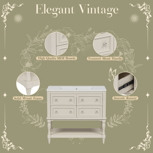 36" Bathroom Vanity Cabinet with Sink Combo Set, Undermount Ceramic Sink, Free Standing Vanity Set with 4 Drawers, Solid Wood Frame Bathroom Cabinet, Beige