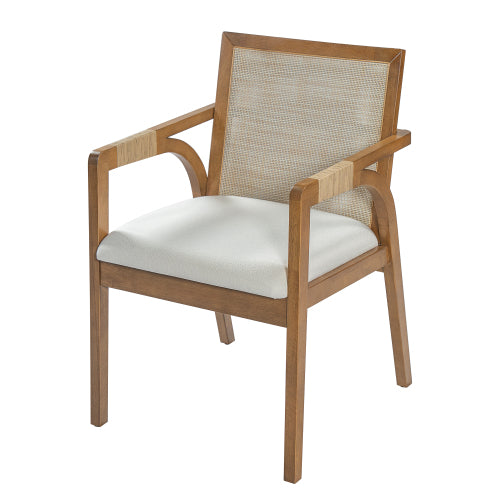 Set of 2 Walnut Rubber Wood Dining Arm Chairs, Textilene Back & PE Rattan Armrest