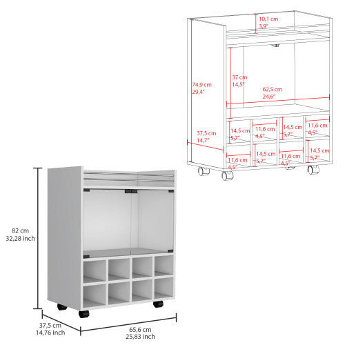 Bar Cart with Built-In 8-Bottle Rack, Double Glass Door Cabinet, and Aluminum-Edged Top Surface