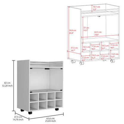Bar Cart with Built-In 8-Bottle Rack, Double Glass Door Cabinet, and Aluminum-Edged Top Surface