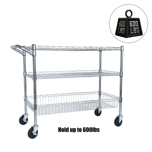 Heavy Duty Rolling Utility Cart,3 Tier Rolling Carts with Wheels,with Handle Bar  Shelf Liners,Storage Cart for Kitchen,Restaurant,Plant Display,Chrome