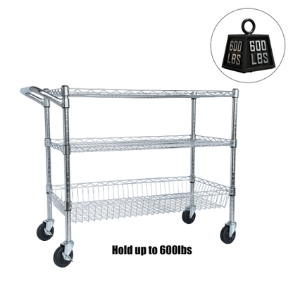 Heavy Duty Rolling Utility Cart,3 Tier Rolling Carts with Wheels,with Handle Bar  Shelf Liners,Storage Cart for Kitchen,Restaurant,Plant Display,Chrome