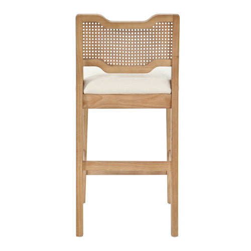 Set of 2 Natural Rubber Wood Farmhouse Rattan Back Counter Bar Stools, Beige Fabric 27.9inch  Seat Height Armless Stools
