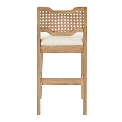 Set of 2 Natural Rubber Wood Farmhouse Rattan Back Counter Bar Stools, Beige Fabric 27.9inch  Seat Height Armless Stools