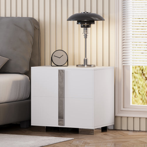 Modern End Table with Drawers, Elegant Nightstand with Metal Foot,Wood Bedside Table with Mirrored Metal Handles,Sofa Side End Table for Bedroom Living Room Office,White