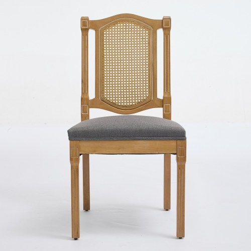 Set of 2 Gray All-Solid Wood Rattan Back Dining Chairs, S-Spring Matte Linen Cushion Rustic Caf¨¦ Side Chairs
