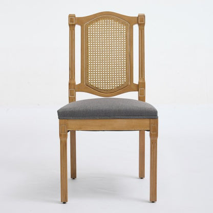 Set of 2 Gray All-Solid Wood Rattan Back Dining Chairs, S-Spring Matte Linen Cushion Rustic Caf¨¦ Side Chairs