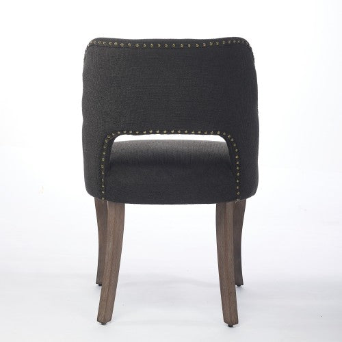 Set of 2 Black Hollow Back Fabric Dining Chairs, Curved Solid Wood Legs With Handmade Copper Nails