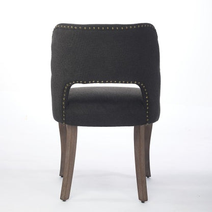 Set of 2 Black Hollow Back Fabric Dining Chairs, Curved Solid Wood Legs With Handmade Copper Nails