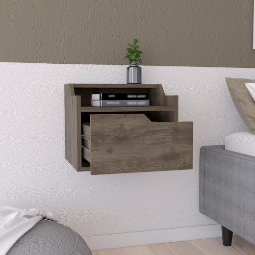 Dark Brown Dual-Tier Floating Nightstand with Drawer