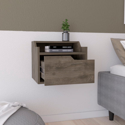 Dark Brown Dual-Tier Floating Nightstand with Drawer