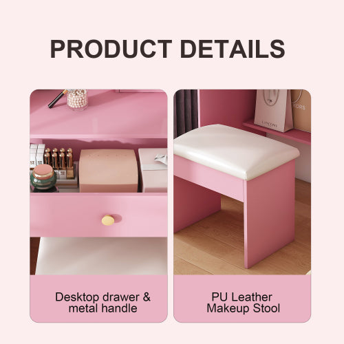 Pink 3-Color LED Vanity Mirror with Stool, 2 Drawers & 5 Storage Cabinets, Charging Station & Hair Dryer Holder
