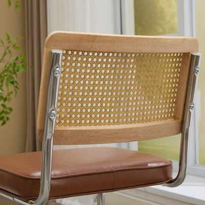 Set of 2 Mid-Century Cane Rattan Dining Chairs, Solid Wood Frame, Olive Faux Leather Seat, Cantilever Chrome Metal Base