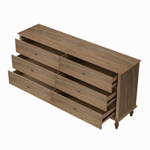 6 Drawer Double Wide Wood Dresser with Soft Close Slides & Burnt Wood Finish Brown