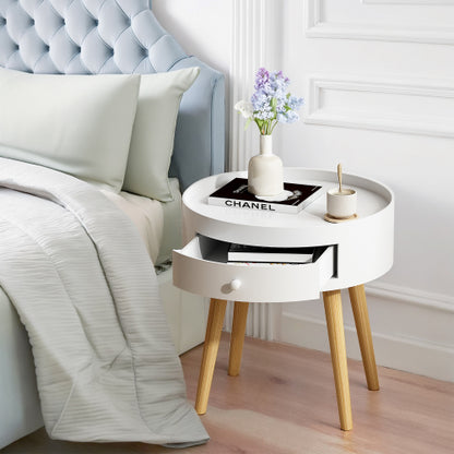 White Nightstand with Drawer & Oak Legs