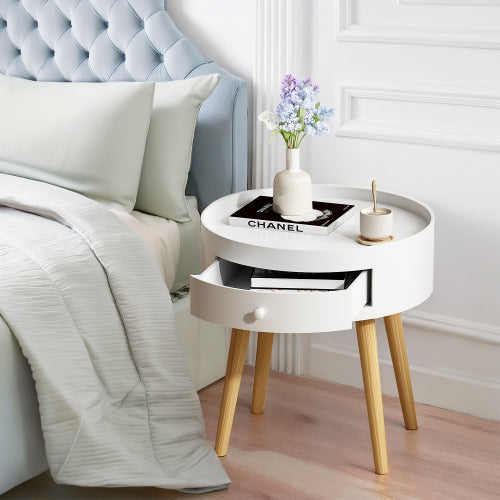White Nightstand with Drawer & Oak Legs