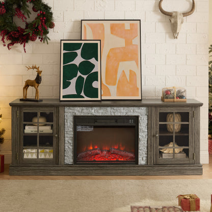 70 Inch TV Stand with Electric Fireplace Grey Faux Stone Entertainment Center