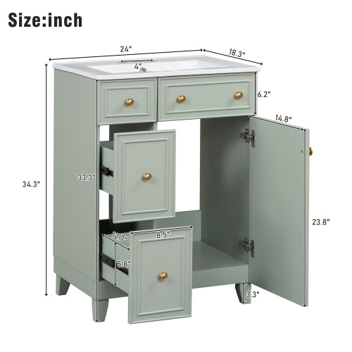 24-Inch Bathroom Vanity Cabinet with Ceramic Sink, 2 Drawers, 1 Door