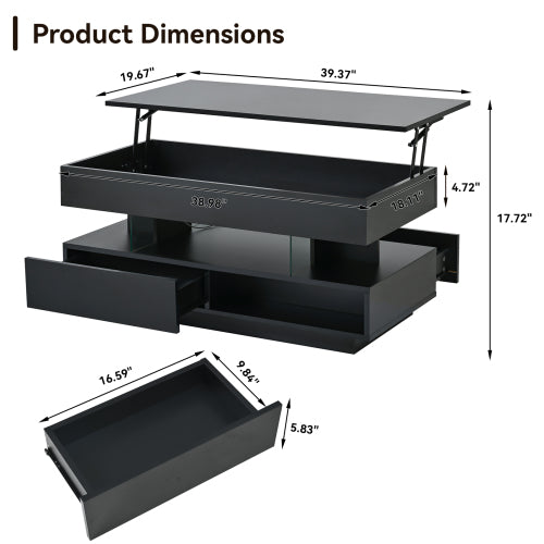 39.3inch  Lift Top Coffee Table with LED Lights, Black