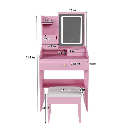 Pink 3-Color LED Vanity Mirror with Stool, 2 Drawers & 5 Storage Cabinets, Charging Station & Hair Dryer Holder