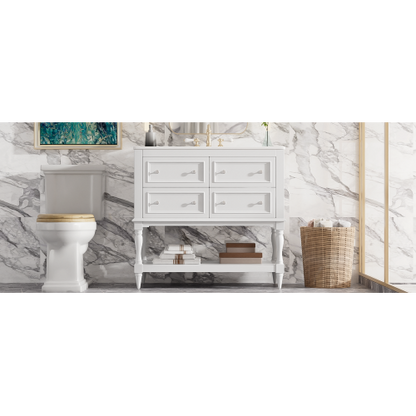 36" Bathroom Vanity Cabinet with Sink Combo Set, Undermount Ceramic Sink, Free Standing Vanity Set with 4 Drawers, Solid Wood Frame Bathroom Cabinet, White