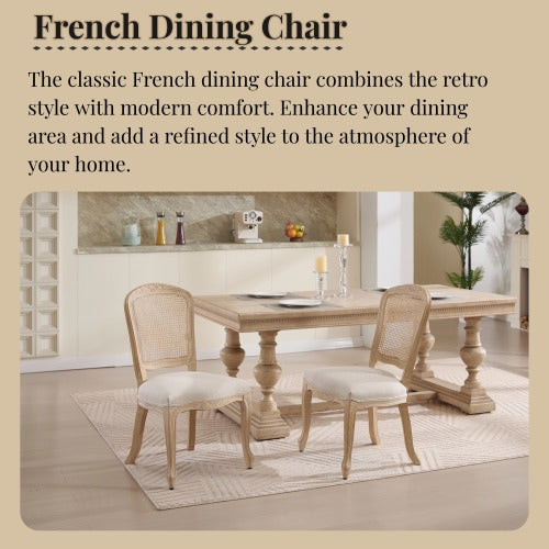 Set of 2 Beige French Country Fan Rattan Back Dining Chairs, Carved Wire Drawing Solid Wood Disassemblable Chairs