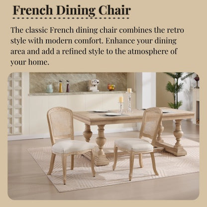 Set of 2 Beige French Country Fan Rattan Back Dining Chairs, Carved Wire Drawing Solid Wood Disassemblable Chairs