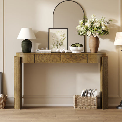 Entryway Table with Natural Wood Grain Finish, Console Table with Fluted Design, Oval Top and 2 Drawers for Entryway and Living Room (Pine Wood)