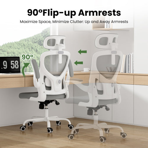 Ergonomic Office Chair, Home Office Desk Chair with Headrest, High Back Computer Chair with Armrests and Adjustable Lumbar Support for Home Office Study Room, White & Gray