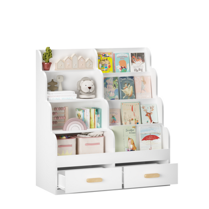Kids Bookshelf with Drawers Front-Facing Toy Organizer White