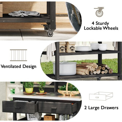K&K 64.9"H Outdoor Potting Bench Table with Lockable Wheels, Solid Wood Outdoor Kitchen Island with Upper Hutch, Stainless Steel Top, Towel Rack ,Outdoor Storage for Grilling, Lawn Garden -Black